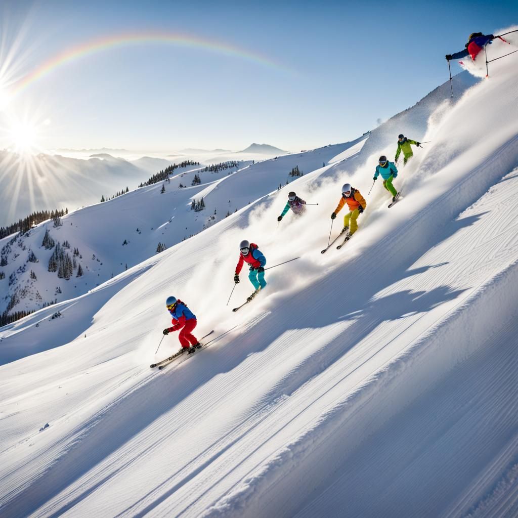 Skiers Racing Downhill with Rainbow Sky