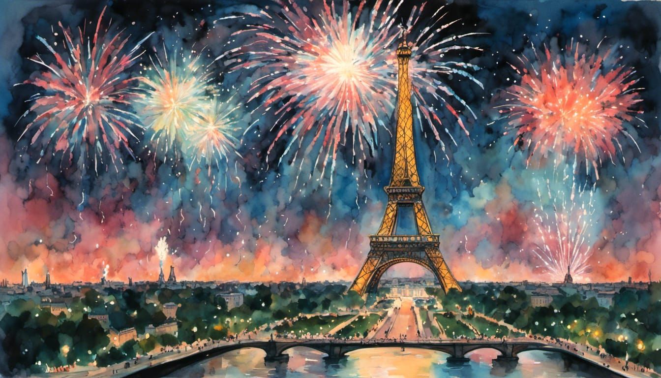 Eiffel Tower Fireworks Display on Bastille Day