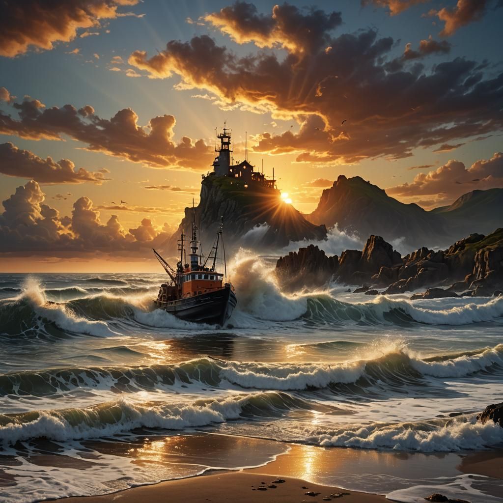 Magical Beach Sunset with Trawler, Matte Painting
