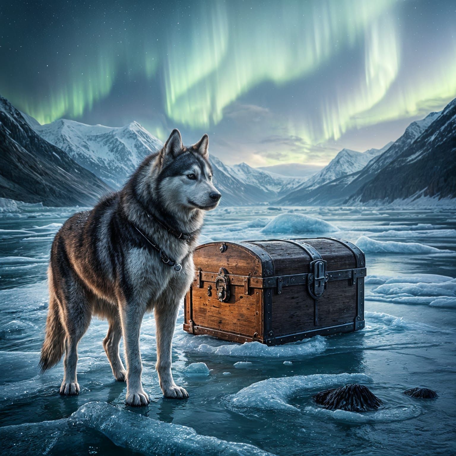 Husky Guarding Glowing Treasure Chest in Fjord