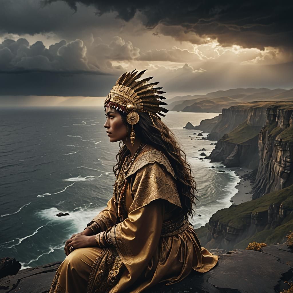 Henati Woman on Cliff: Film Noir Seascape