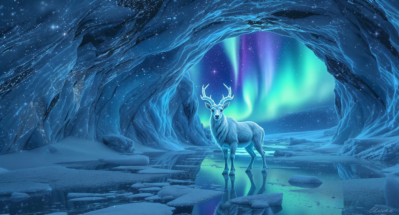 Gazelle in Ice Cave Under Aurora Lights