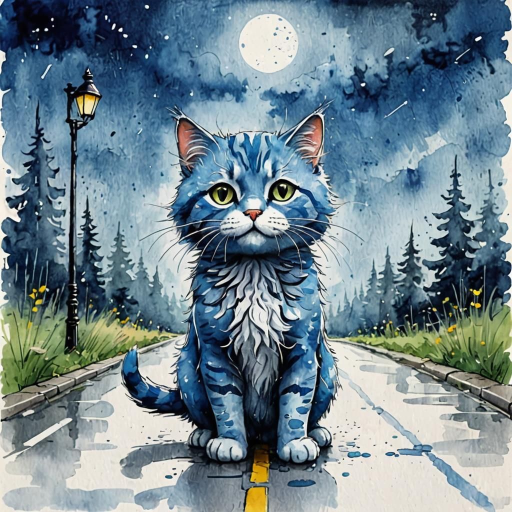 Adorable Blue Chibi Cat in Watercolor Dreamscape