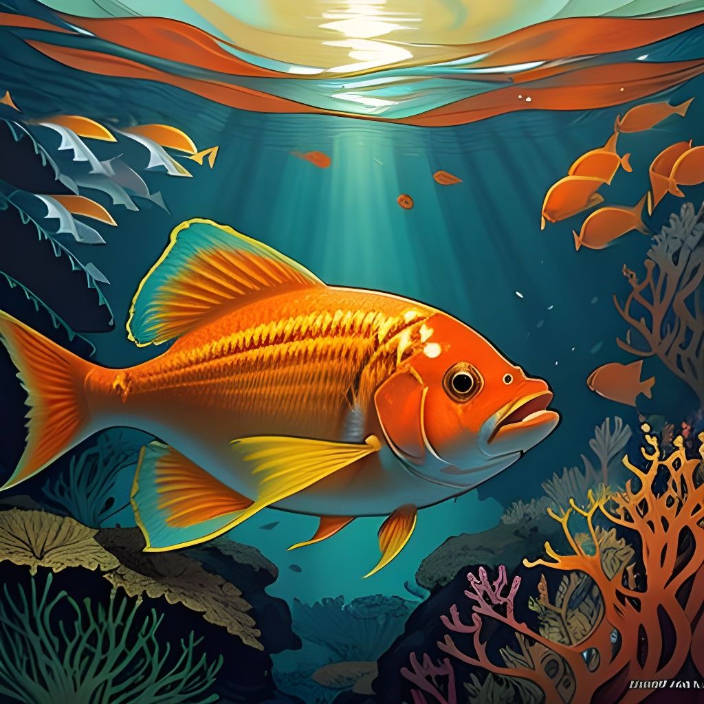 Orange Fish in Kelp Forest: Art Nouveau Illustration