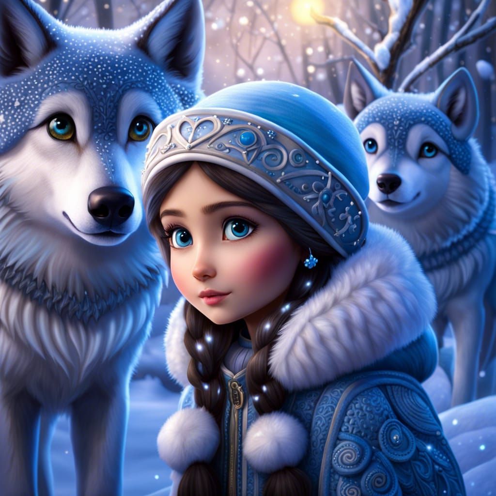 Winter Fairy with Wolves in Pixar Style