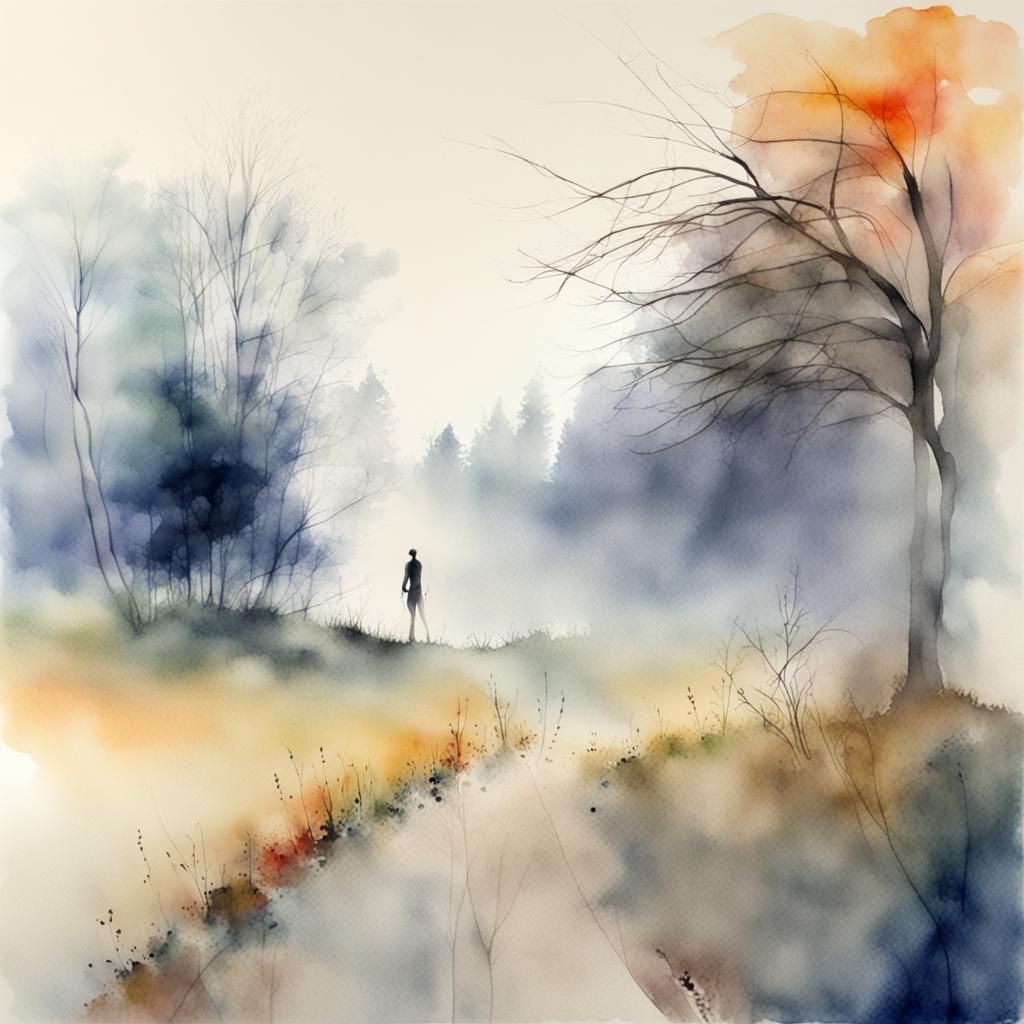 Foggy Landscape with Walker in Abstract Watercolor Style
