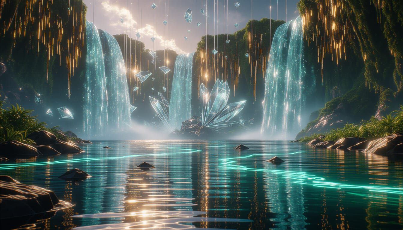 Molten Glass Waterfall into Neon Lake