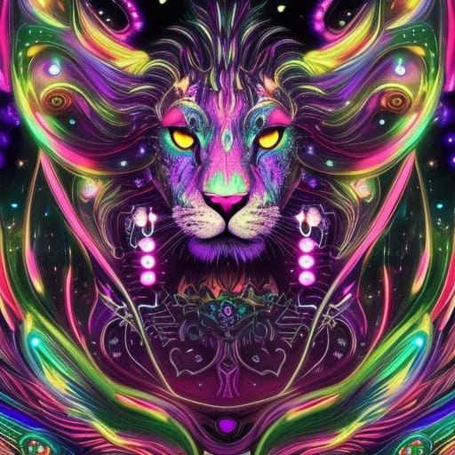 Neon Galactic Lion in Hyper-Realism Style