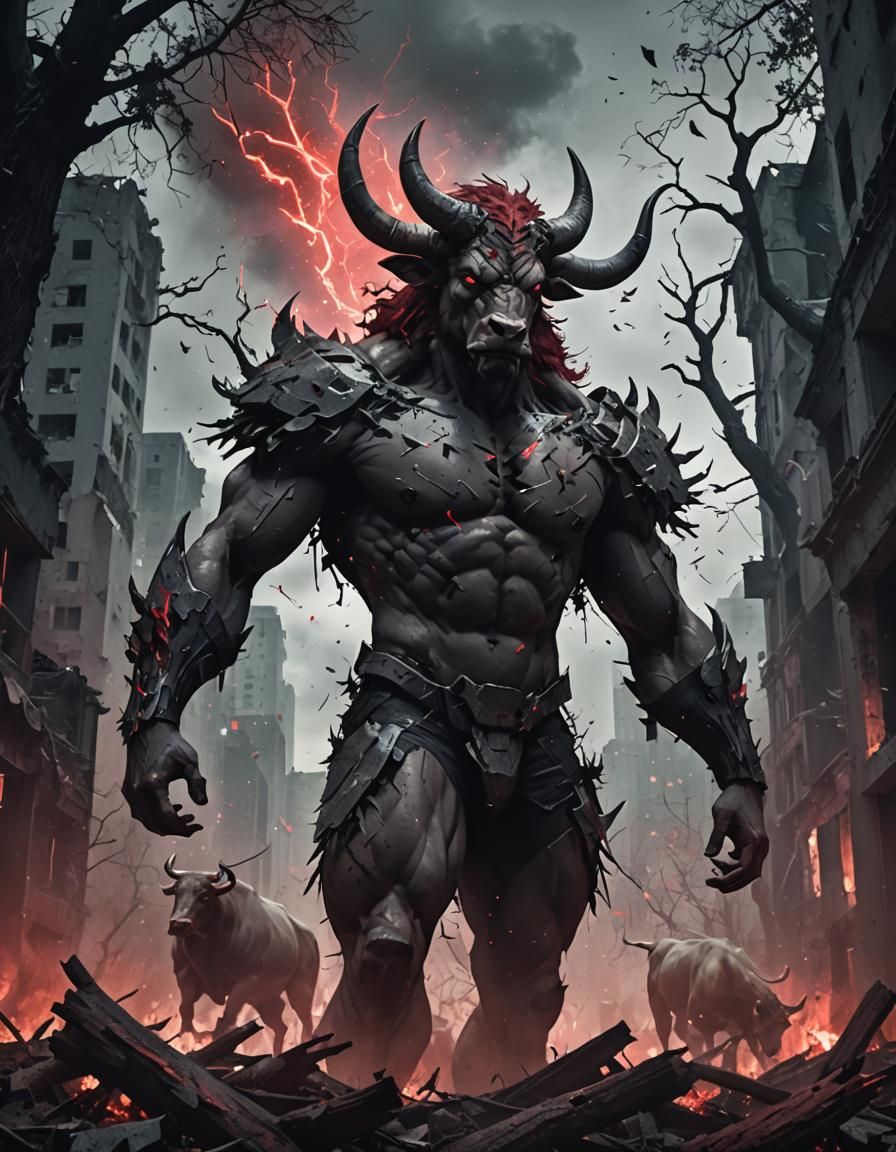 Ox-Like Man in Ruined City: Neo-Futurist Art