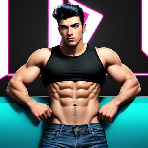 young man with black hair, green eyes and athletic build wea...