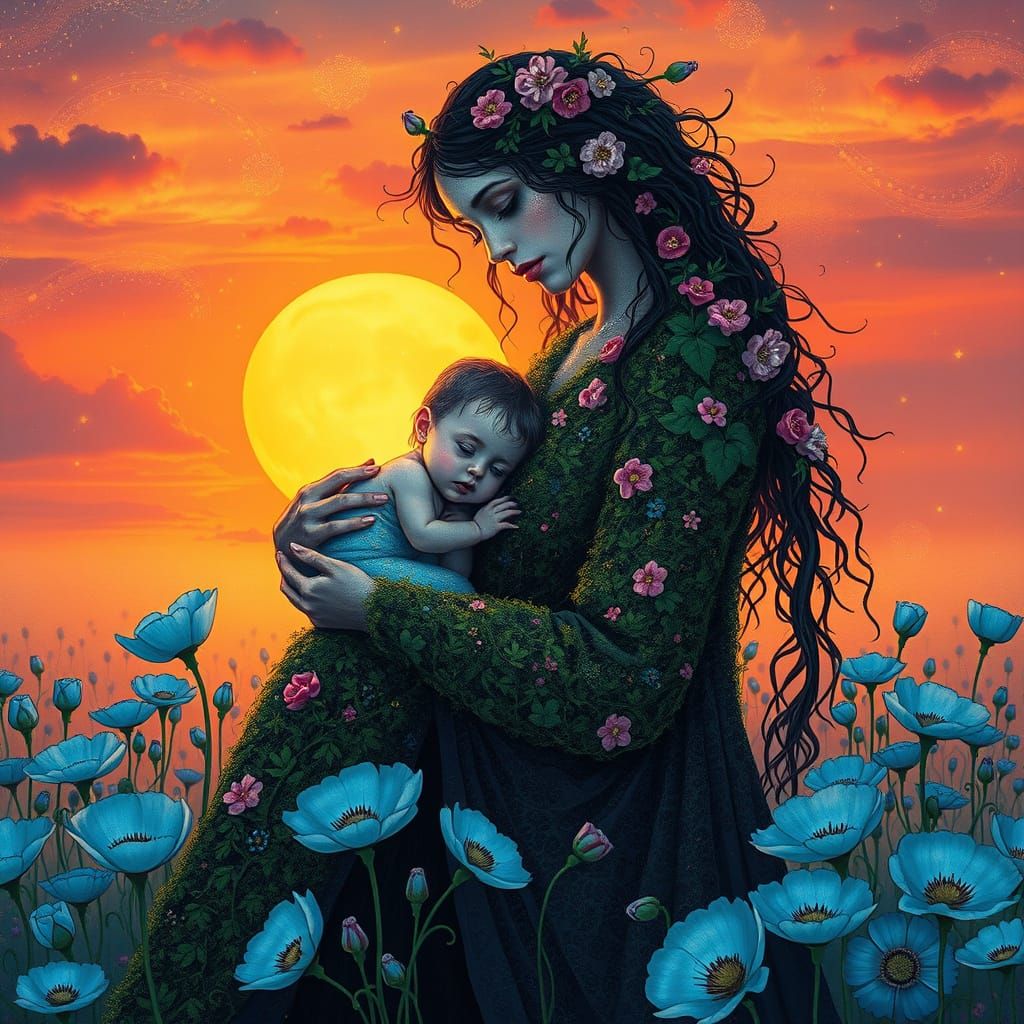 Mother Radiant with Ethereal Beauty, Surrounded by Vibrant B...