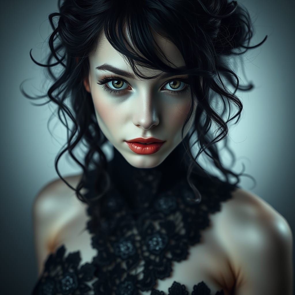 Gothic Woman in Lace: Hyperrealistic Full Body Portrait