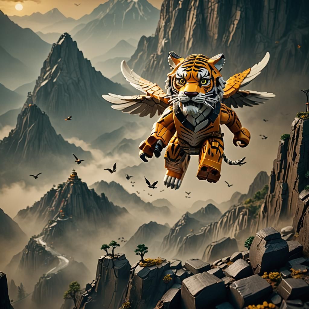 Winged LEGO Tiger Soaring Through Misty Mountains