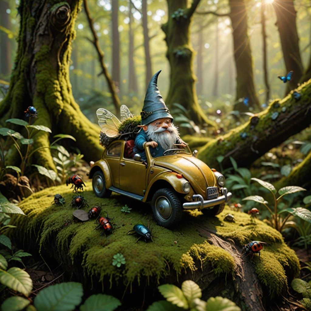 Miniature Gnome Rides Beetle in Whimsical Fantasy Forest