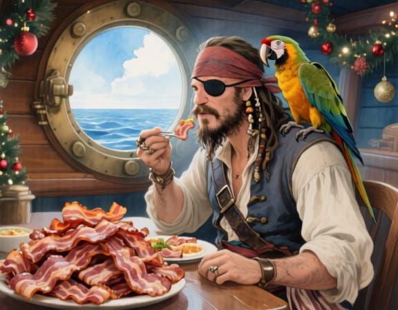 Pirate Eating Bacon in Ethereal Watercolour Style