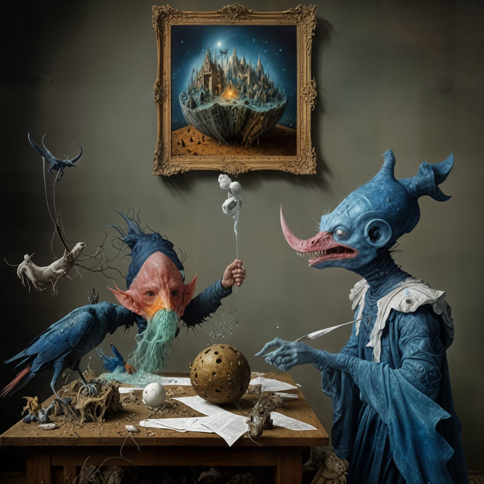 'The Blue Corvid'(?) regerges liters of water on Dudes desk ...