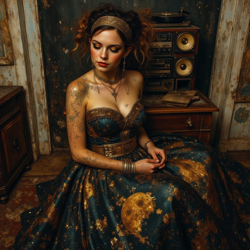 Woman Enjoys Music with Star Chart Gown and Gold Dust