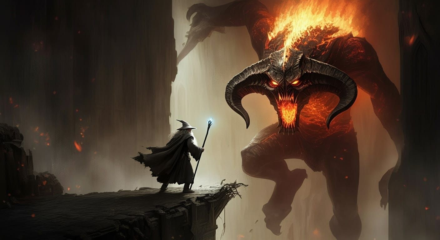 Gandalf the Grey Defies the Abyss on Crumbling Bridge of Kha...