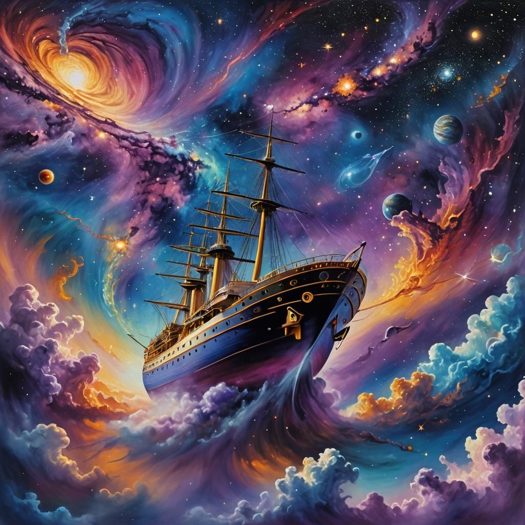 Ship Sails Through the Milky Way: Surreal Oil Painting