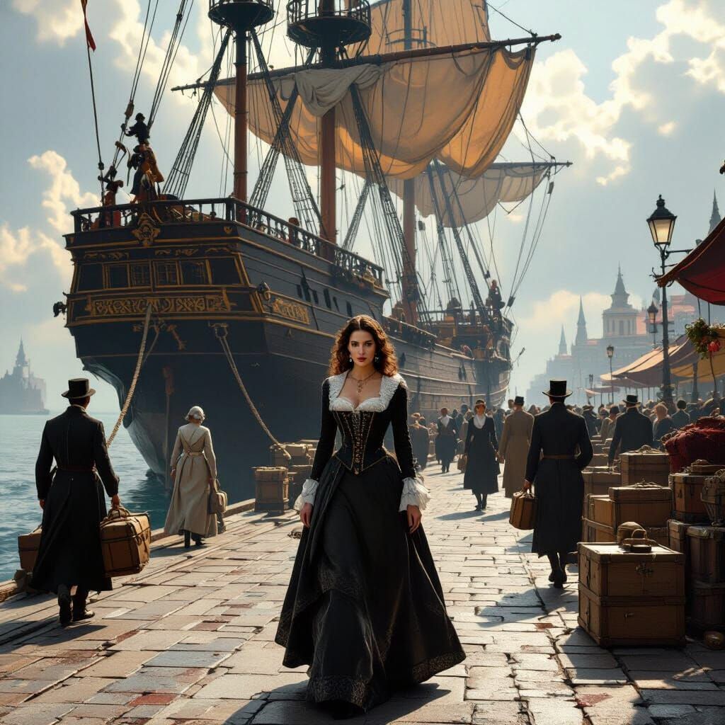 Spanish Contessa on Bustling Wharf, Cinematic Digital Matte ...