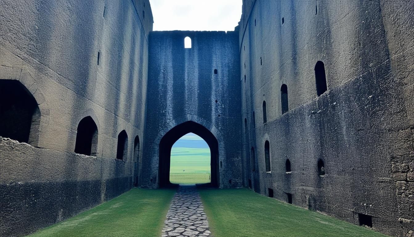 Dungeon Corridor Opens onto Infernal Landscape