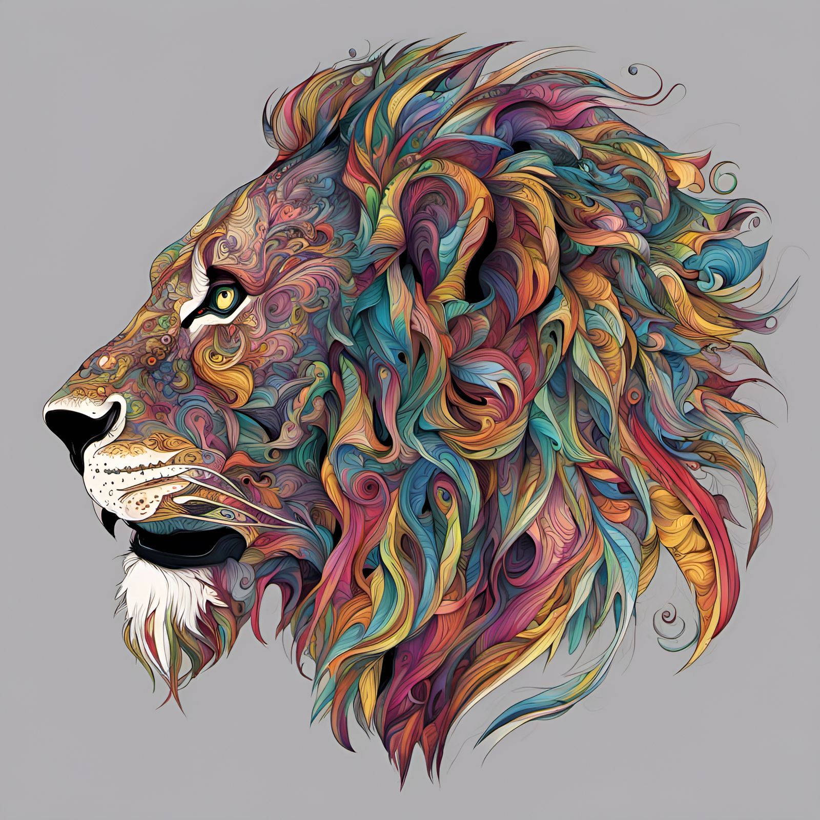 Vibrant Fractal Lion with Abstract Zentangle Design