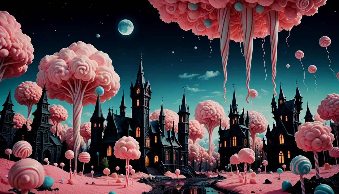Surreal Candy Cityscape with Chocolate River