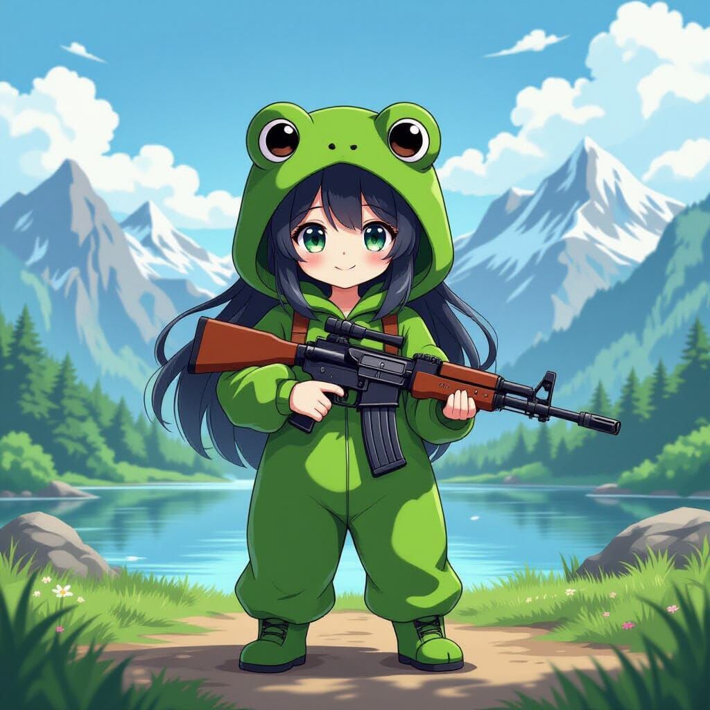 Anime Girl in Frog Costume with AK-47