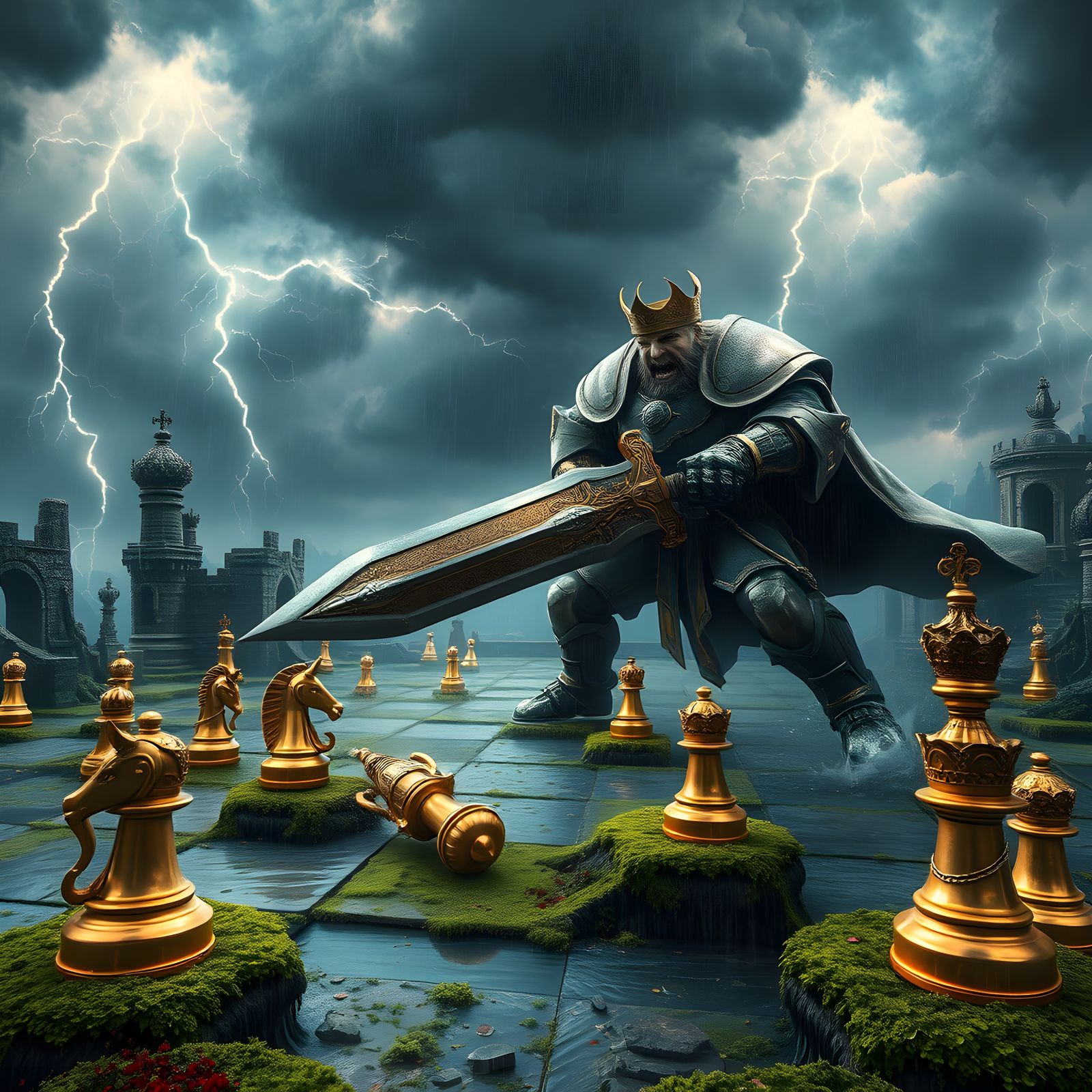 Giant King Chessboard Battle in Thunderstorm Sky