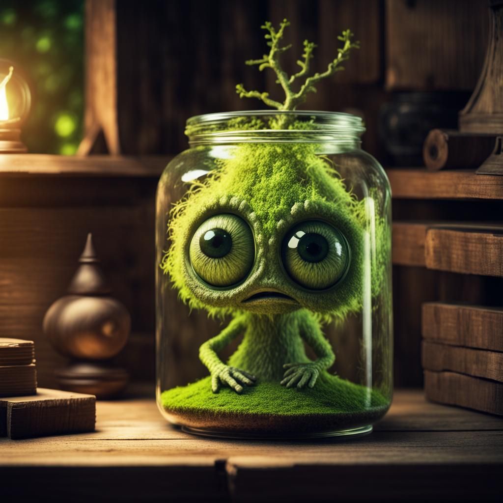 Moss Creature in Jar: Fantastical Still Life