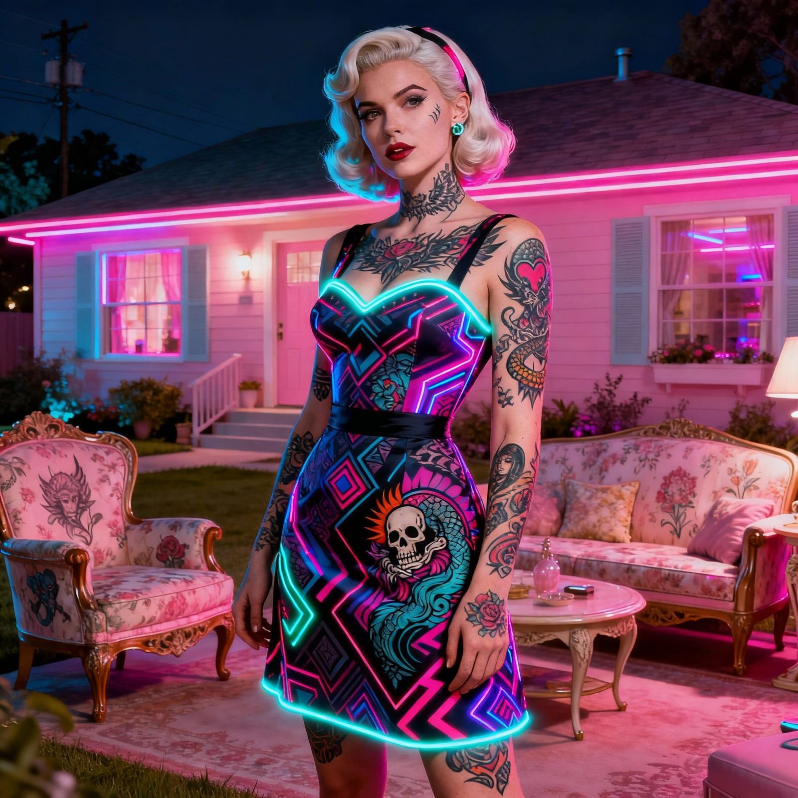 Retro Tattoo Artist in Pastel Home with Neon Tattoos