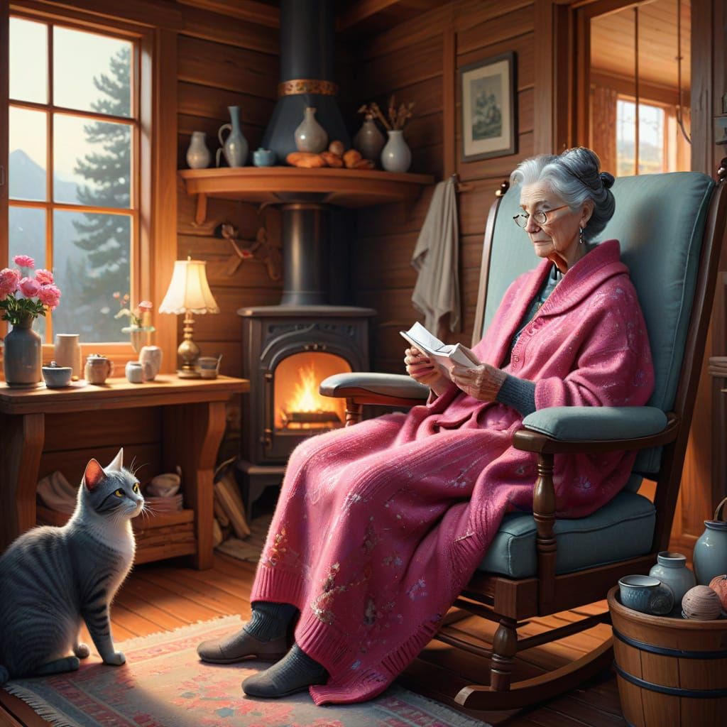 Cozy Cabin Scene With Granny Knitting and Cats