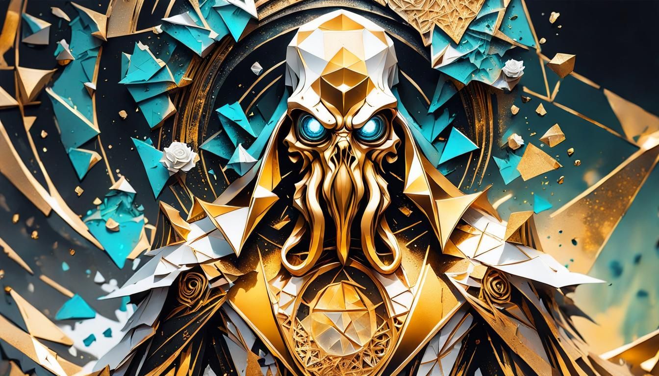 Detailed Golden Cthulhu Watercolor Painting