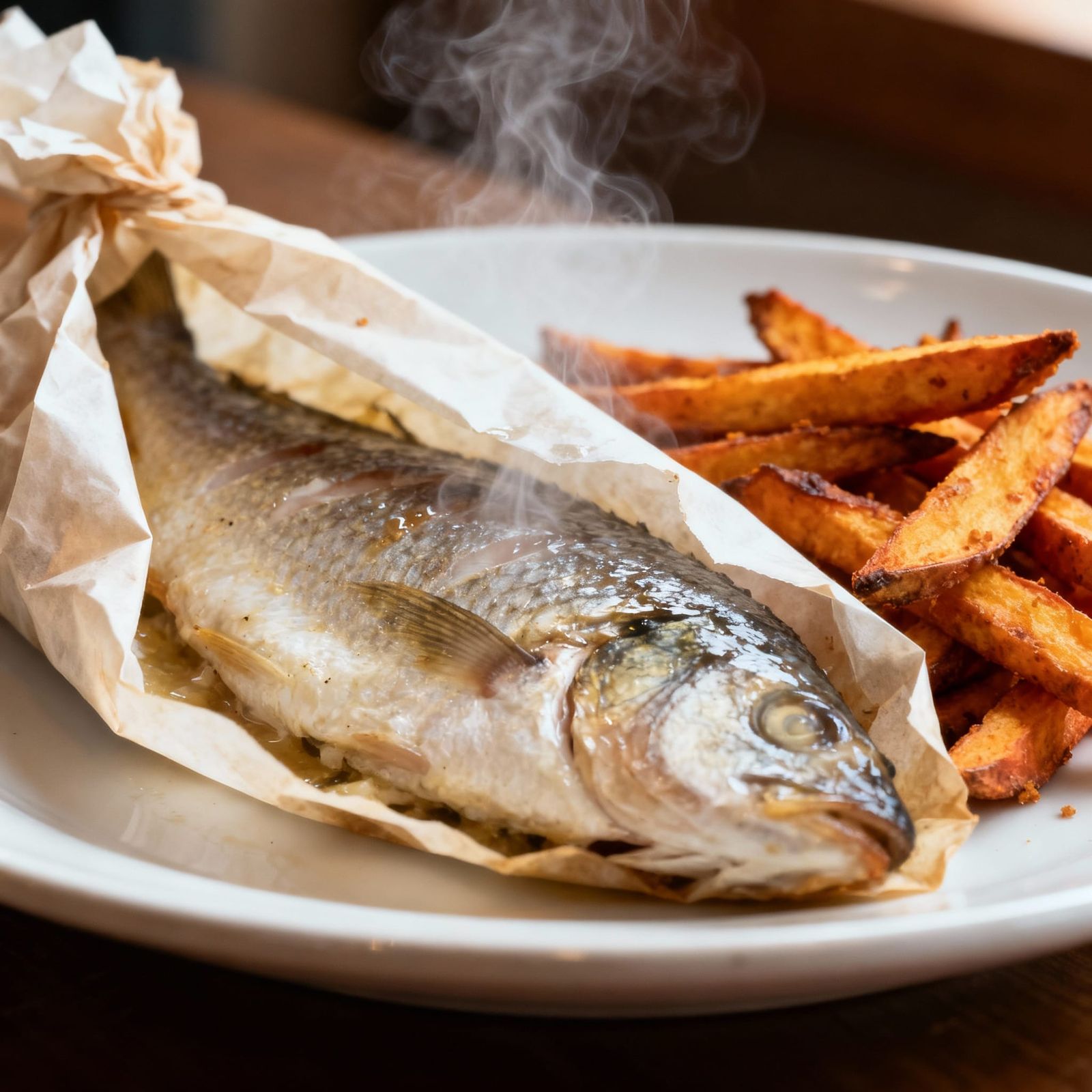Ultra Realistic Close-Up Photo of Fish en Papillote with Fri...
