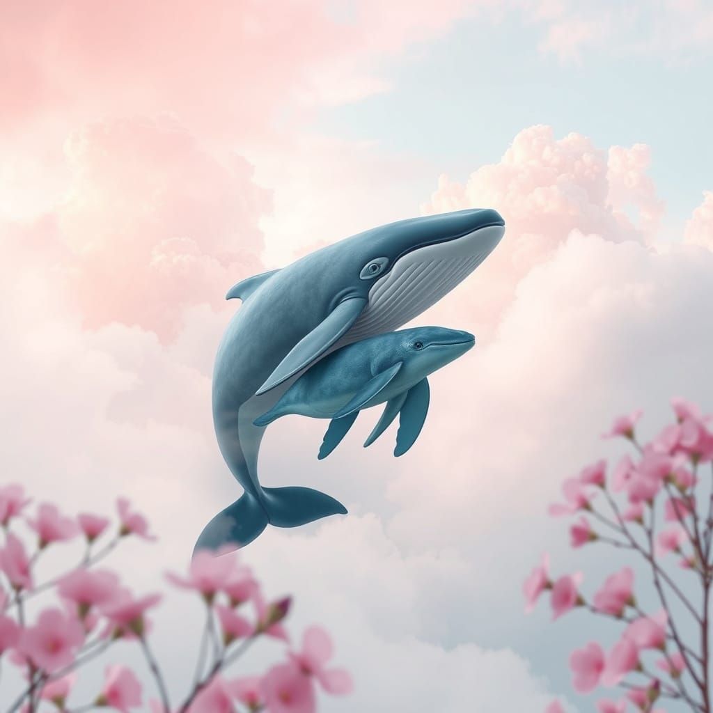 Whale and Calf Float Through Pastel Pink Clouds in a Romanti...