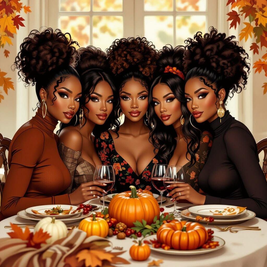 Friendsgiving Celebration: 5 Women in Vibrant Airbrushed Sty...