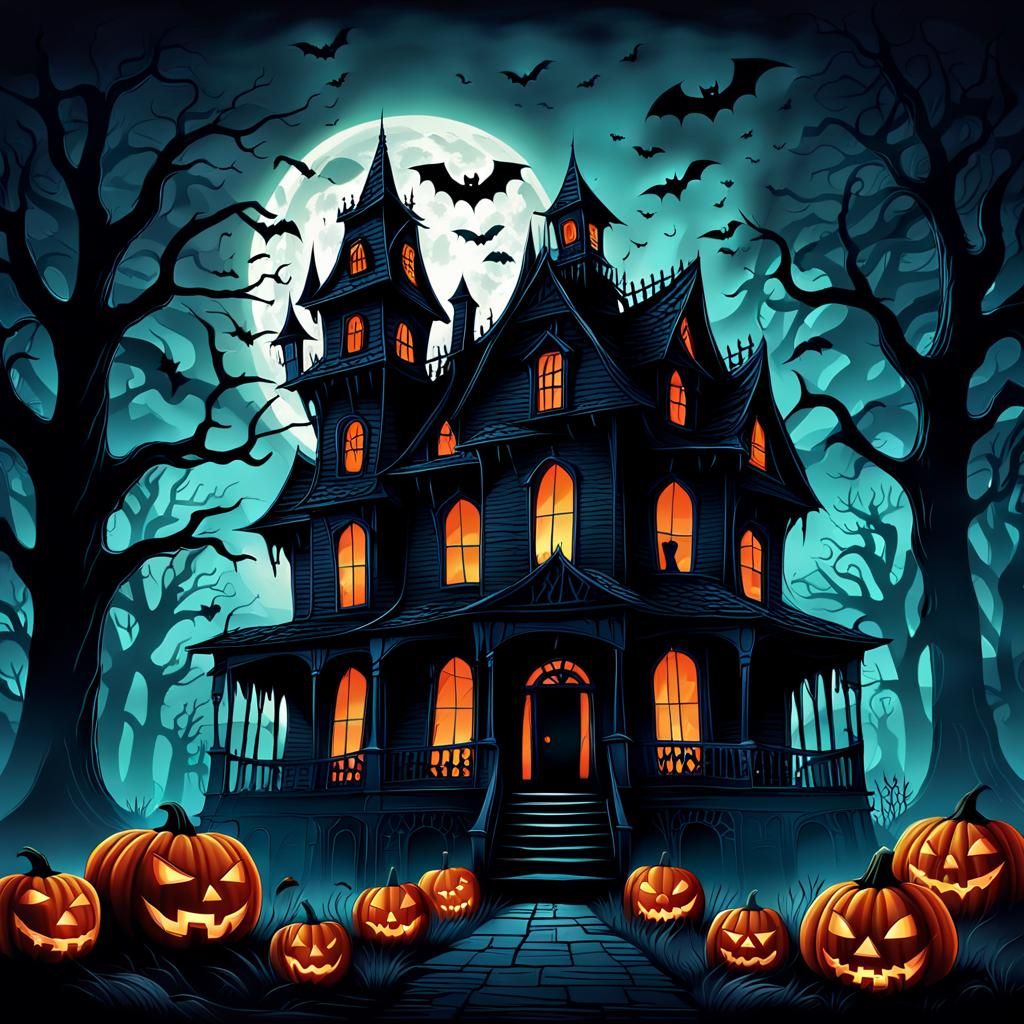 Halloween Silhouettes Surround Haunted House in Vector Art