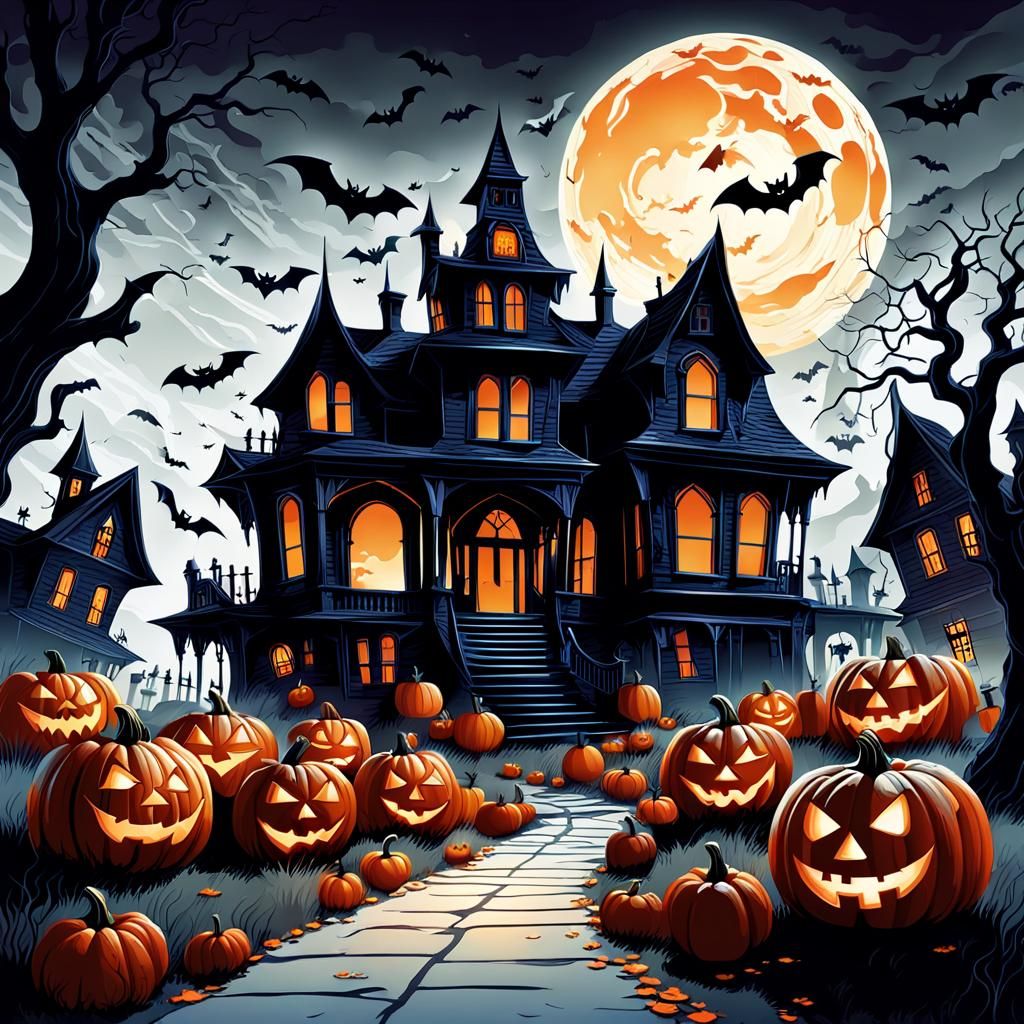 Surreal Halloween Scene with Intricate Silhouettes and Moody...