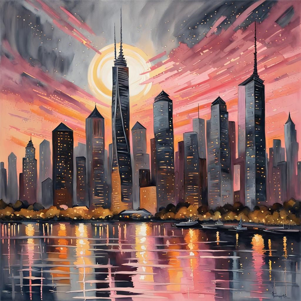 Dynamic Cityscape in Gouache Watercolor Style