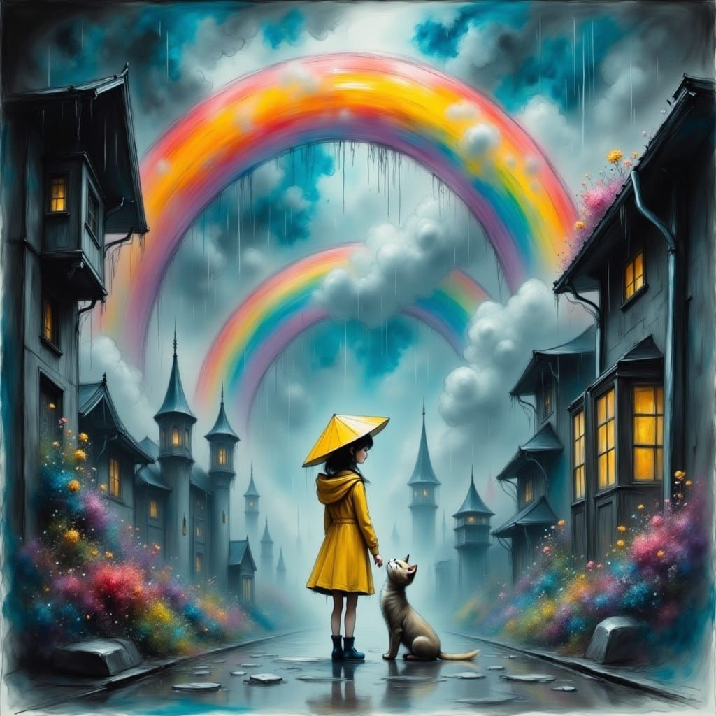 Girl and Cat Under Rainbow: Fantasy Concept Art