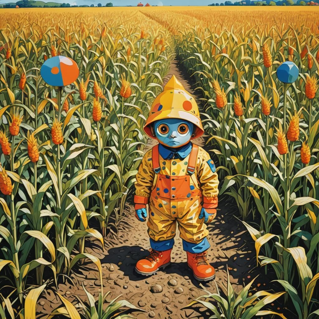 Pop Art Dwarf in Cornfield with Bauhaus Architecture