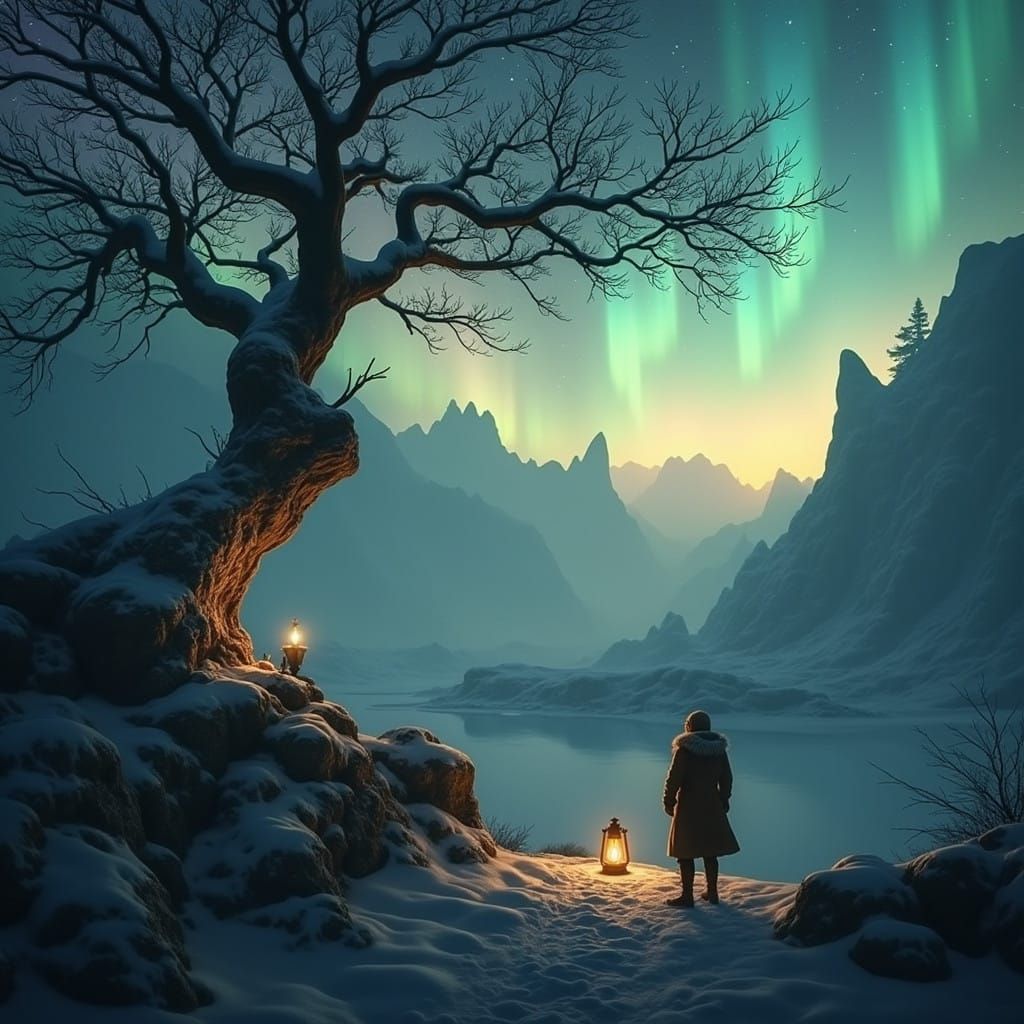 Man Gazing Up at Vibrant Northern Lights in Starry Sky