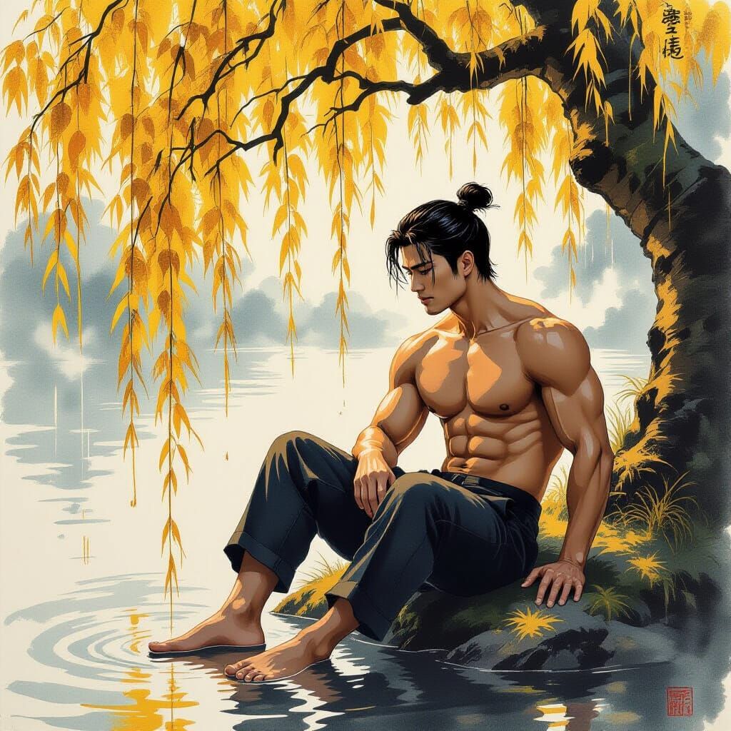 Muscled Man Under Willow Tree in Ukiyo-e Style