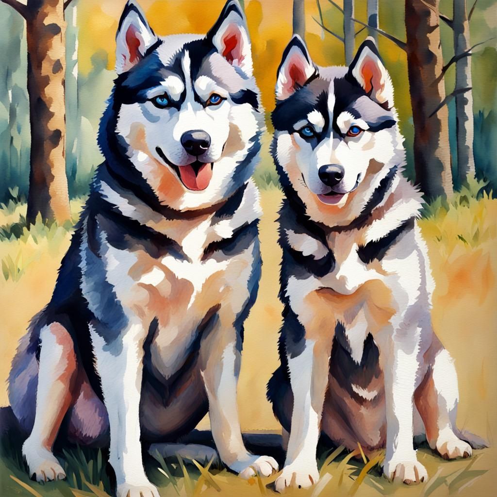 Husky Family Portrait in Gouache Watercolor Style