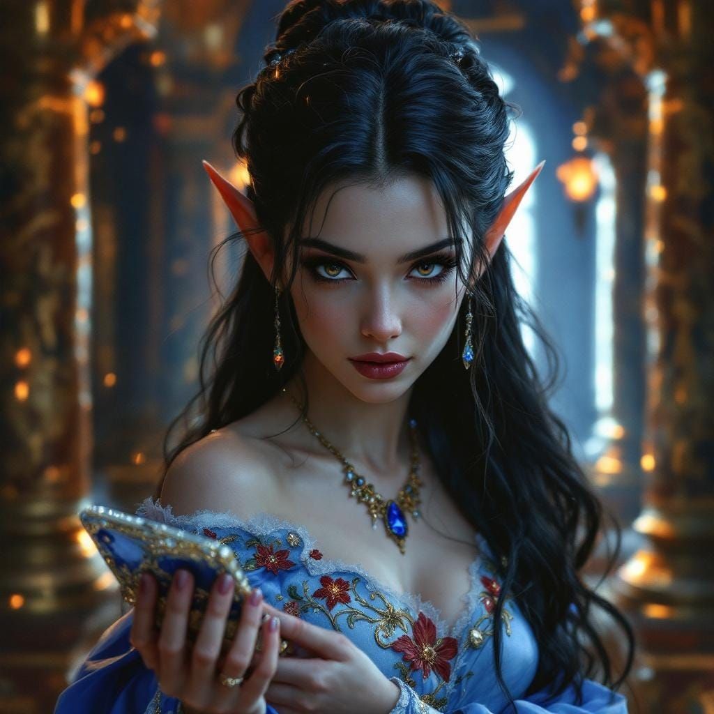 Divine Elf in Burning Hall - Oil Realism Masterpiece