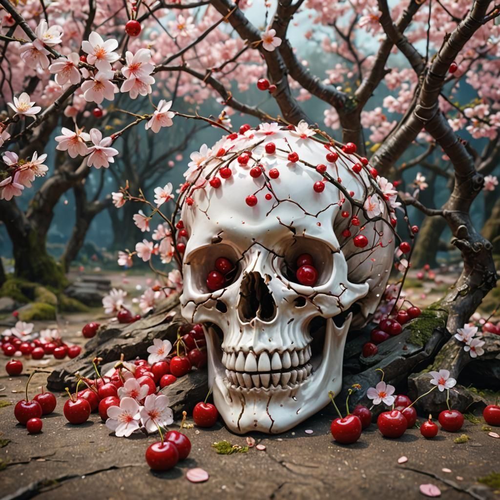 Hyperrealistic Cherry Fairy Village in Kintsugi Skull