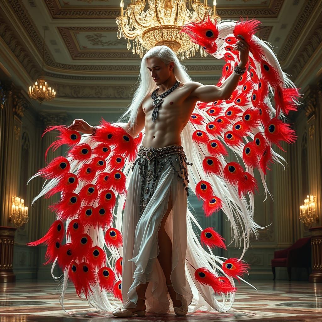 Elegant Male Belly Dancer in Opulent Ballroom with Red Peaco...