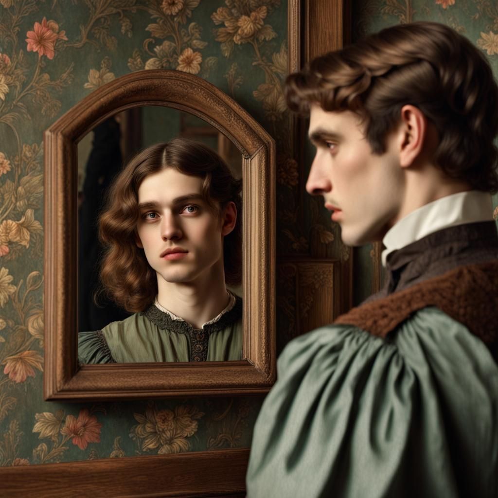 Victorian Man Sees Girl in Mirror, Pre-Raphaelite