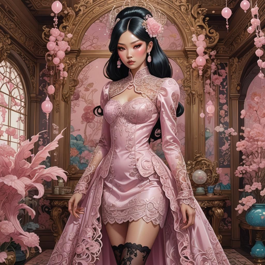 Asian Woman in Pink Party Dress: Fantasy Art