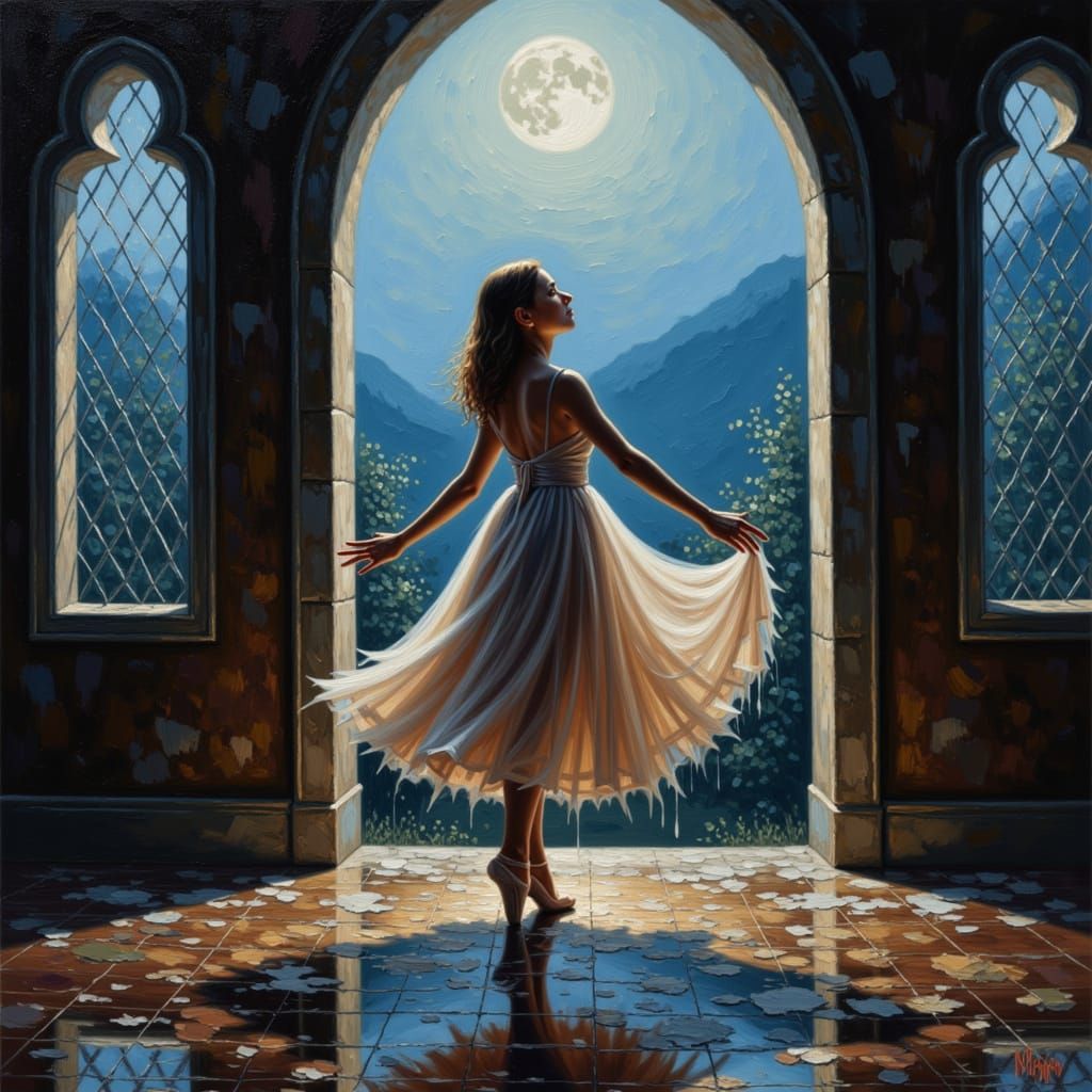 Ballerina's Spectral Dance in Decaying Ballroom as Oil Paint...